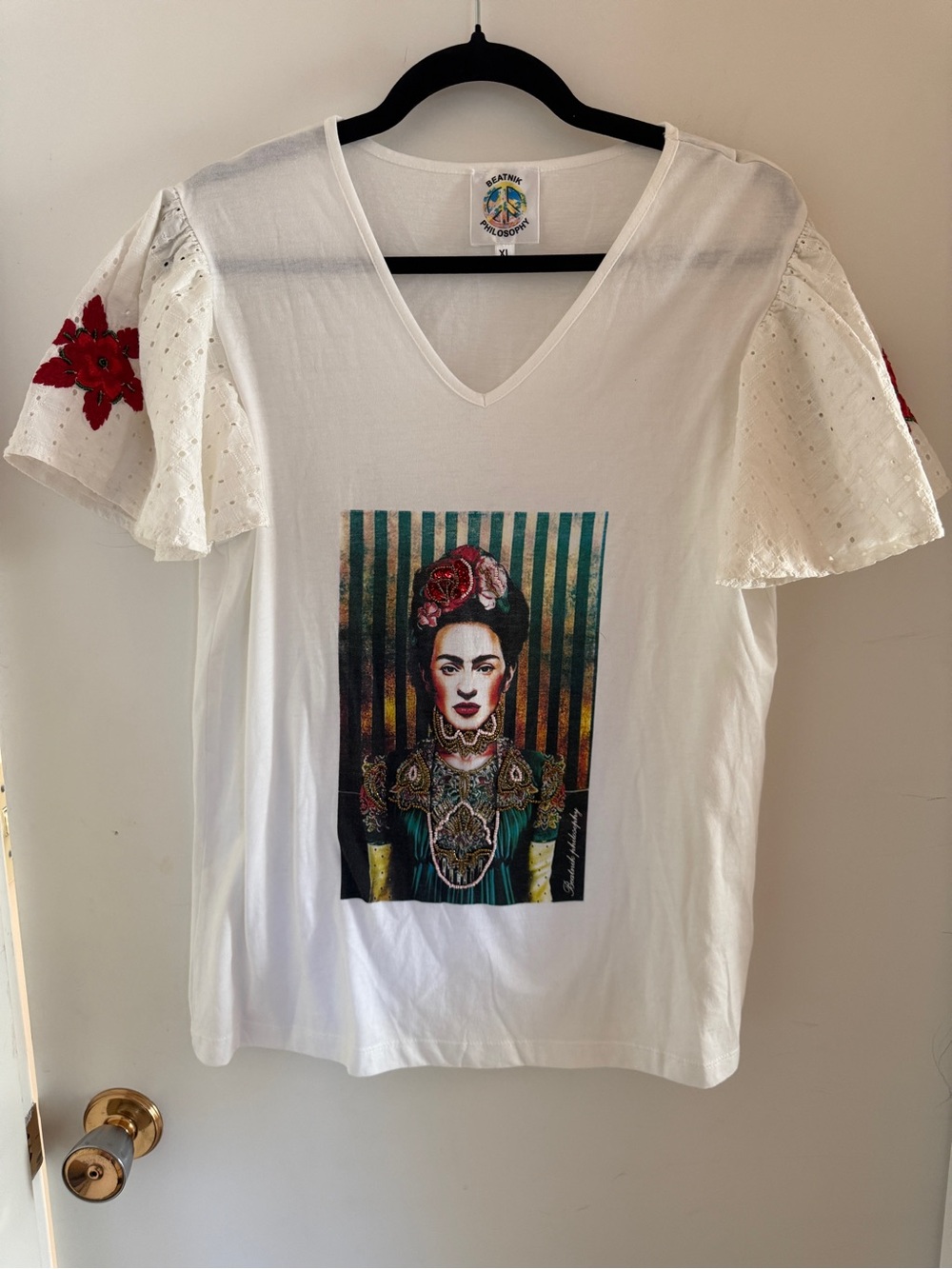 Beatnik Philosophy Frida Kahlo Embellished Top XL Eyelet Floral Boho Art Tee